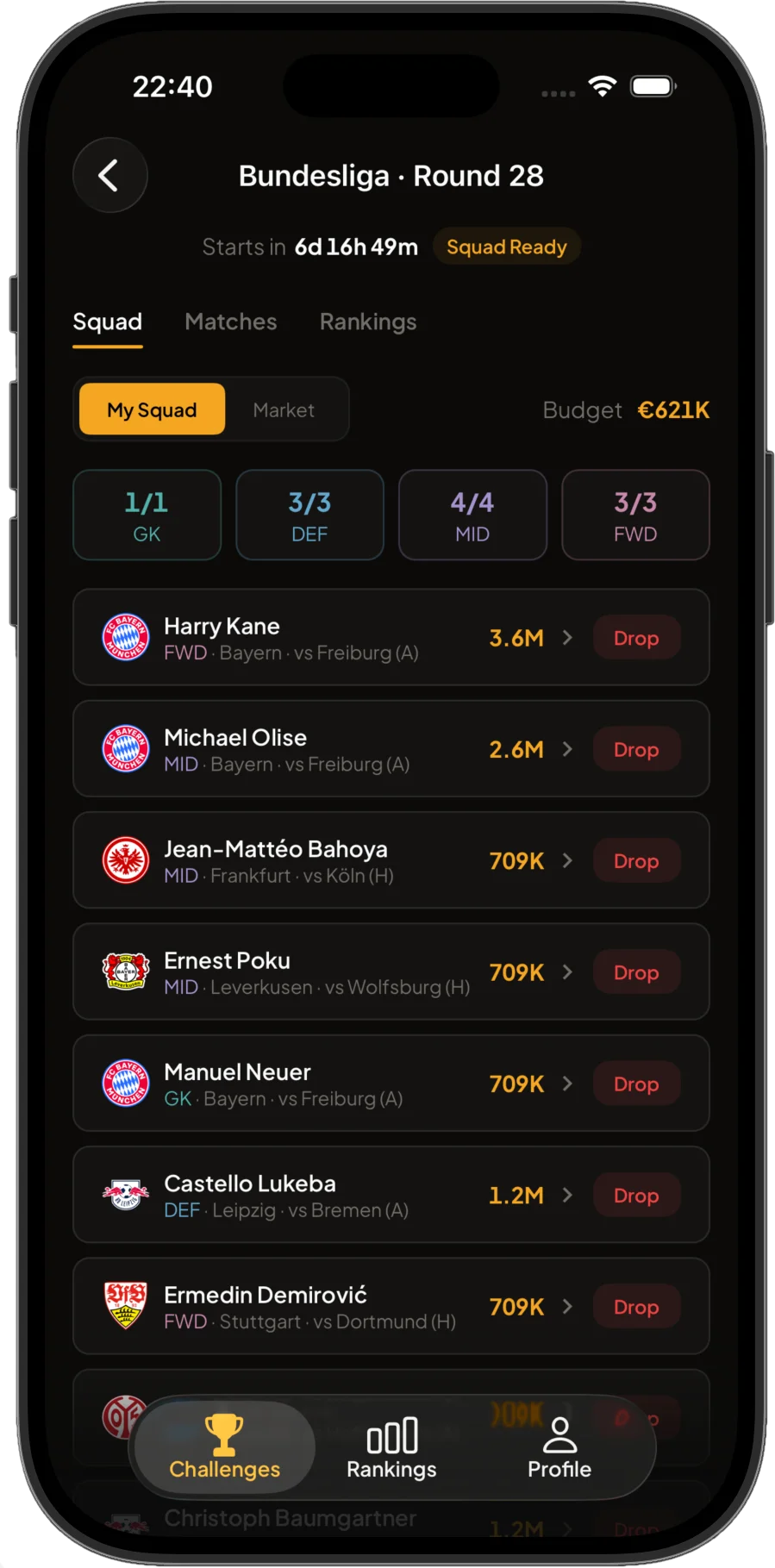 Baller Manager App — Squad Building Screen